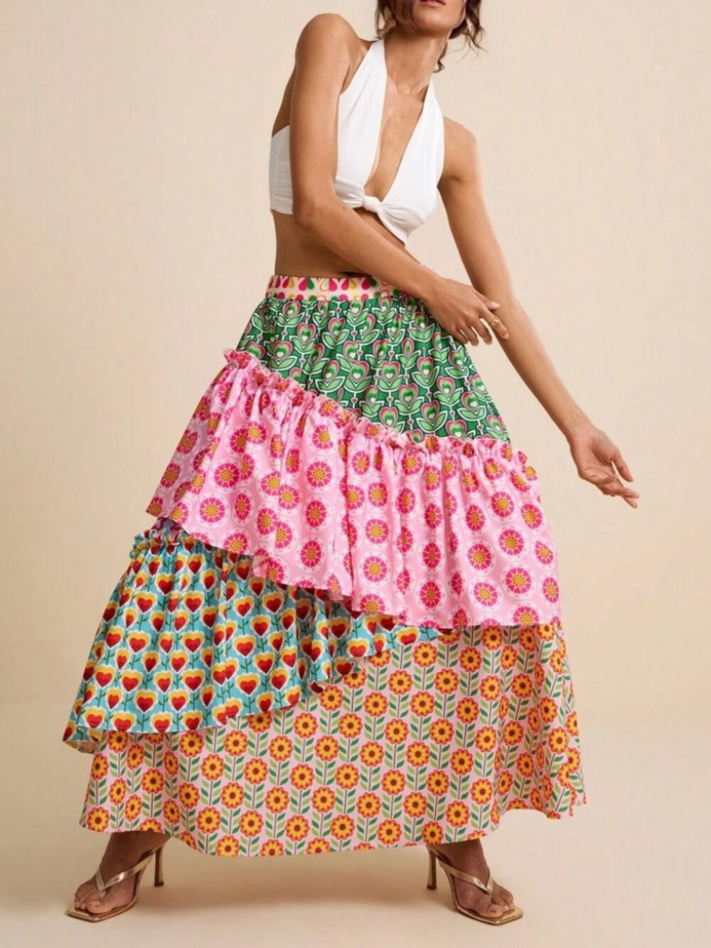 Pink Mixed Floral Tiered Ruffle Maxi Skirt - Picture 4 of 6